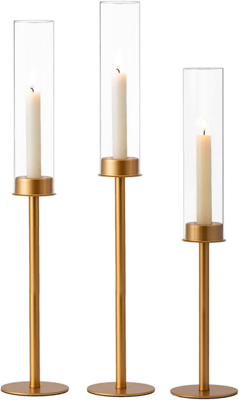 Glasseam Tall Candle Holders for Candlesticks, Glass Hurricane Candle HolderSet of 3, Rustic Matte GoldCandle Holders for Table Centerpiece, Taper Candle Holders with Clear Cylinder Glass Shade - Elegant Wedding Accents