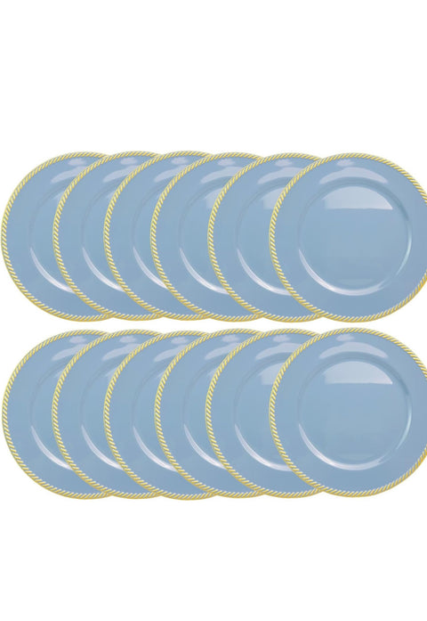(Set of 12) 13 Inch Blue Plastic Charger Plates With Gold Rim
