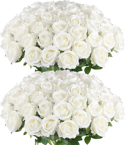 (50 Piece) White Artificial Rose Flowers