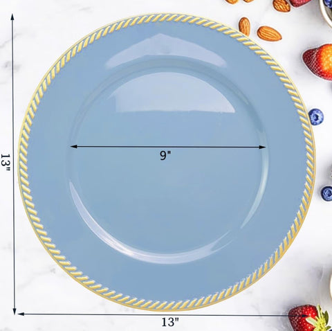 (Set of 12) 13 Inch Blue Plastic Charger Plates With Gold Rim