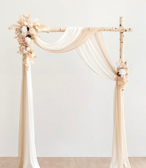 (4 Piece) White Beige/Gold Chiffon Drapes and Artificial Floral Backdrop Kit