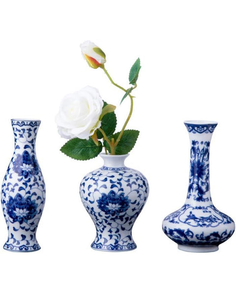 (Set of 3) Small Blue & White Porcelain Vases
