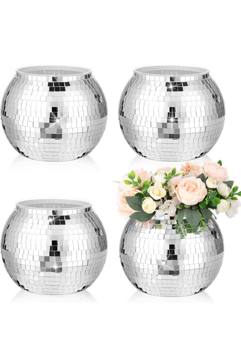 (Set of 4) 7 Inch Tall Silver Disco Ball Vases