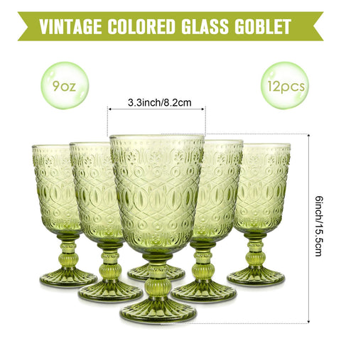 (Set of 12) Green Vintage Wine Glasses
