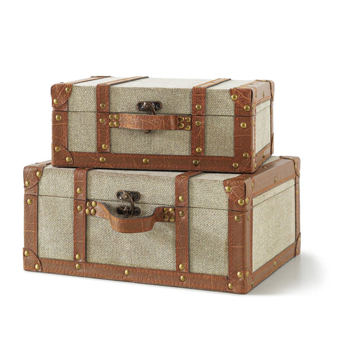 (Set of 2) Beige Antique Wooden Boxes with Hinged Lid