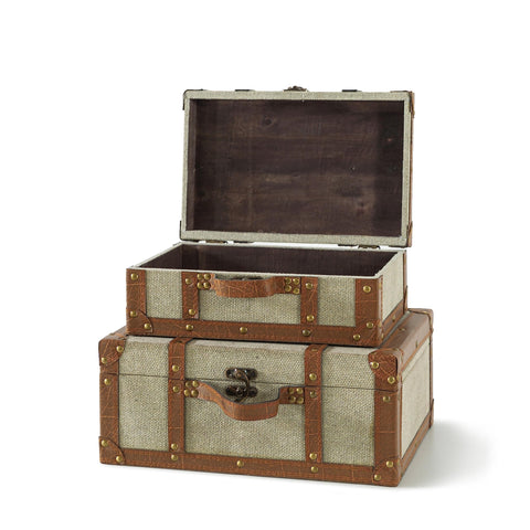 (Set of 2) Beige Antique Wooden Boxes with Hinged Lid