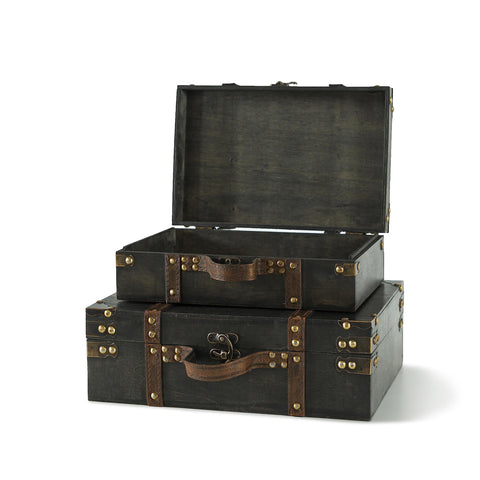 (Set of 2) Dark Brown Antique Wooden Boxes with Hinged Lid