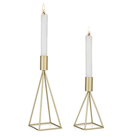 (Set of 2) Gold Geometric Wire Taper Candle Holders
