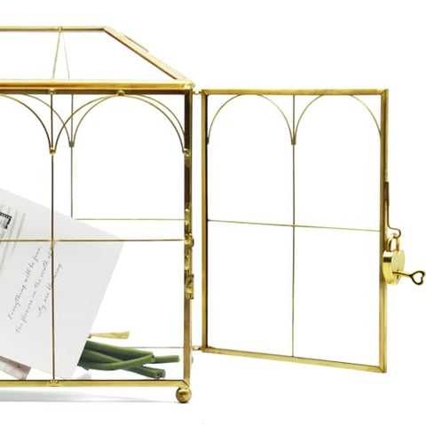 Large Gold Glass Card Box with Lock and Slot