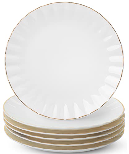 (Set of 6) 8 Inch White Porcelain Dessert Plates with Gold Trim