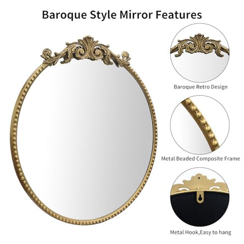 (24 Inch) Gold Round Baroque Style Mirror