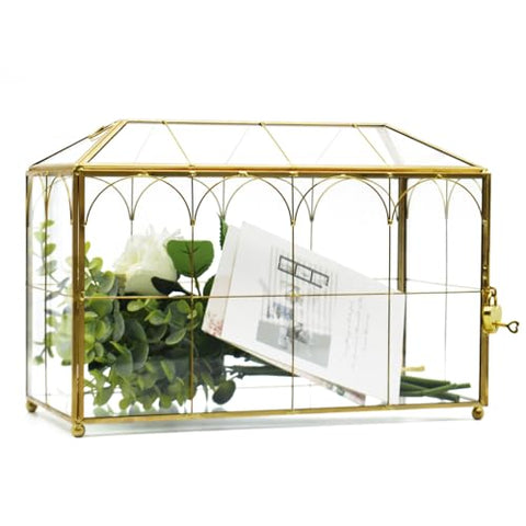Large Gold Glass Card Box with Lock and Slot