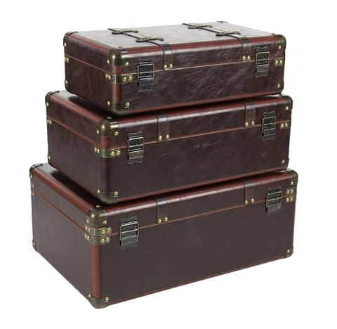(Set of 3) 18", 21", 23" Inch Brown Leather Upholstered Trunk with Vintage Accents and Studs