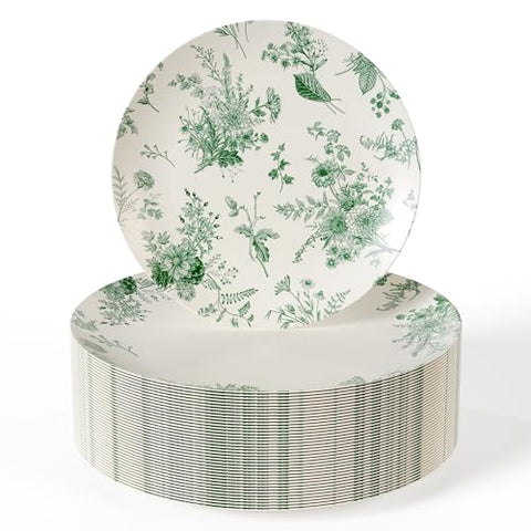 (80 Piece) 10 & 8 Inch Green Floral Plastic Plate Set