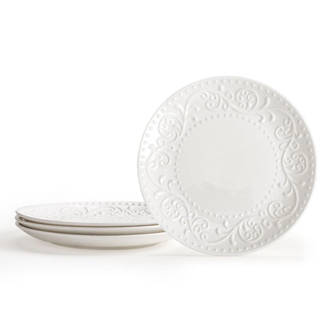 (Set of 4) Embossed Ceramic White Plates