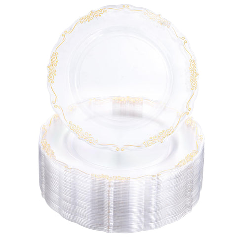 (60 Pieces) 10.25 Inch Clear Gold Plastic Plates