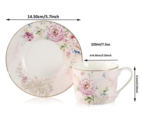 (Set of 2) Porcelain Pink Tea Cups and Saucers