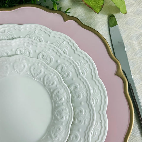 (Set of 6) 13 Inch Pink Plastic scalloped charger plates with Gold rim