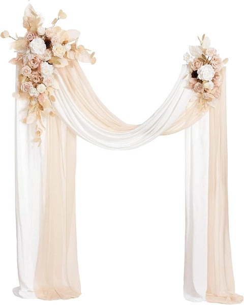 Chiffon Drapes and Artificial Floral Backdrop Kit - 4 pieces - White/Gold - Elegant Wedding Accents