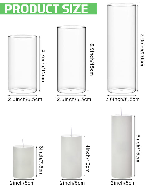 (Set of 18) White Pillar Candles and Glass Cylinder Vases