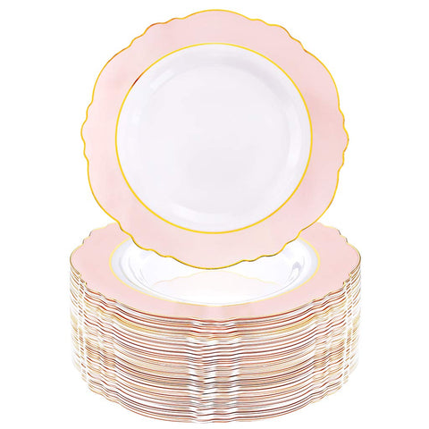 (60 Piece) 10.25 Inch Pink Plastic Plates with Gold Rim