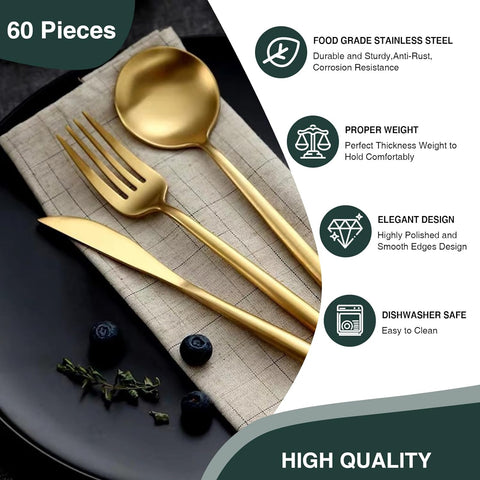 60 Pieces Stainless Steel Silverware Set, Flatware Cutlery Set Service for 12, Tableware Cutlery Set Include Knife Fork Spoon Set, Utensils for Home, Restaurant, Hotel, Dishwasher Safe (Gold) - Elegant Wedding Accents