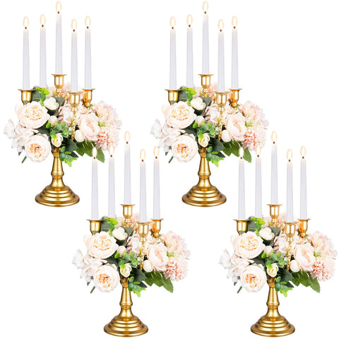 (Set of 4) 11.6 Inch Tall 5 Arm Gold Candle Stand