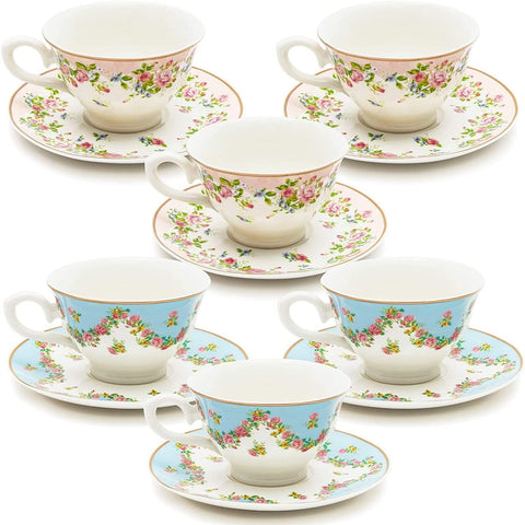 (Set of 6) Blue & Pink Vintage Floral Tea Cups and Saucers