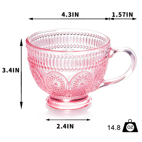(Set of 4) Pink Vintage Glass Mugs with Handle