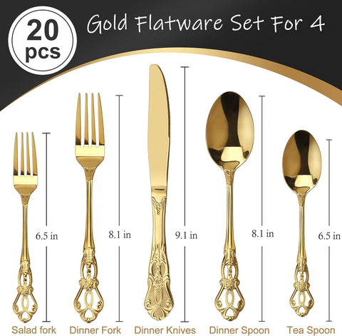 Gorgeous Retro Royal Gold Stainless Steel 20 Pieces Flatware Set - Elegant Wedding Accents
