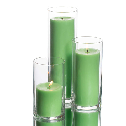 (Set of 3) Glass Cylinder Vases and (3) Pillar Candles