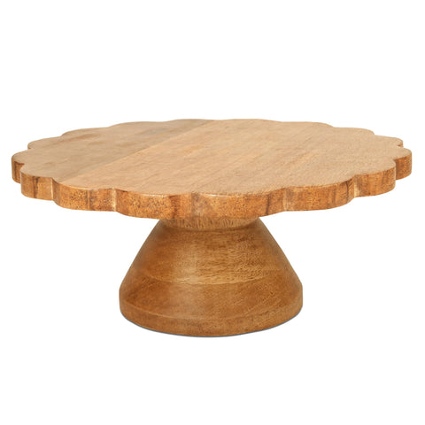 “Scallop” Footed Wood Cake Stand (Mangowood, Natural)