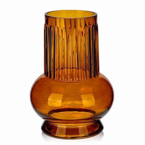 (7 Inch Tall) Amber Ribbed Glass Vase