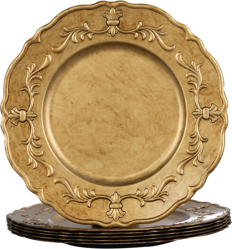 MAONAME Antique Gold Embossed Charger Plates, 13" Plastic Plate Chargers Set of 6, Round Chargers for Dinner Plates, Table Chargers for Wedding, Party - Elegant Wedding Accents