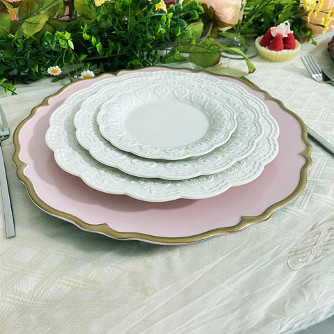 (Set of 6) 13 Inch Pink Plastic scalloped charger plates with Gold rim