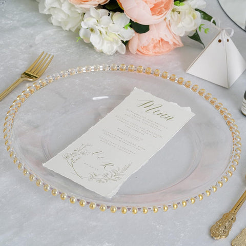 Tableclothsfactory 6 Pack 12" Gold Clear Acrylic Round Charger Plates With Beaded Rim Dinner Charger Plates - Elegant Wedding Accents