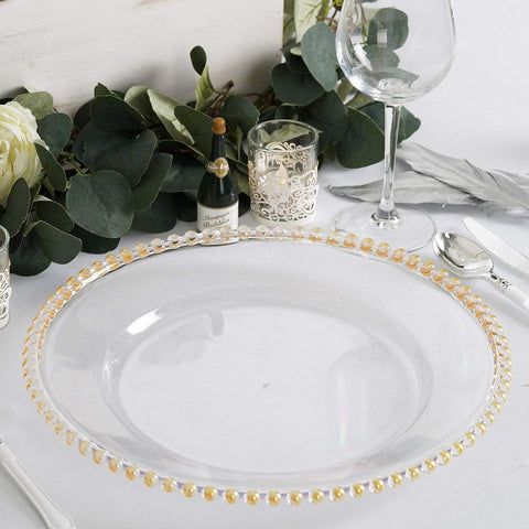 Tableclothsfactory 6 Pack 12" Gold Clear Acrylic Round Charger Plates With Beaded Rim Dinner Charger Plates - Elegant Wedding Accents
