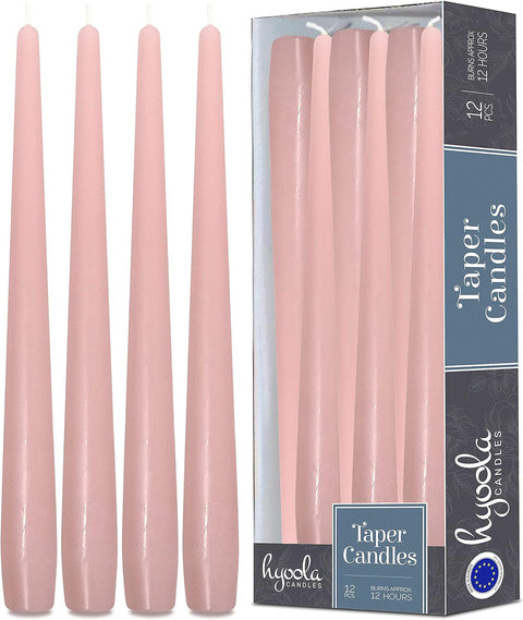 Hyoola Tall Taper Candles - 14 Inch Light Pink Unscented Dripless Taper Candles - 12 Hour Burn Time - 12 Pack - Elegant Wedding Accents