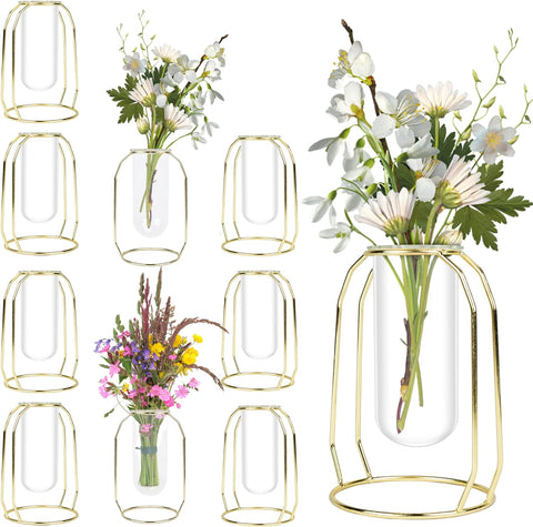 Bulk Vases for Centerpieces - 10 Pcs, 6" Tall Gold Metal & Glass Bud Vases for Wedding, Flower Vases for Table Decorations, Floating Tea Lights, Plant Propagation, Home Decor - Elegant Wedding Accents