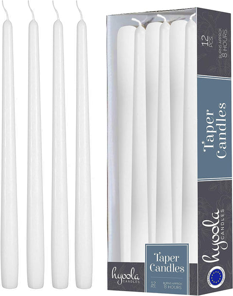 Hyoola 12 Pack Tall Taper Candles - 10 Inch White Dripless, Unscented Dinner Candle - Paraffin Wax with Cotton Wicks - 8 Hour Burn Time - Elegant Wedding Accents