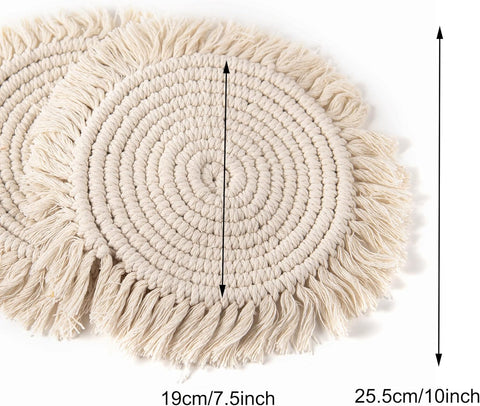 (Set of 2) 10 Inch Cotton Macrame Round Tassel Placemats