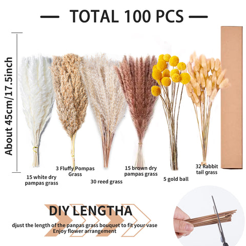 (100 Piece) 17.5 Inch Tall Natural Dried Pampas Grass Decor