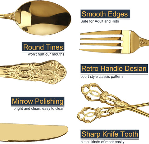 Gorgeous Retro Royal Gold Stainless Steel 20 Pieces Flatware Set - Elegant Wedding Accents