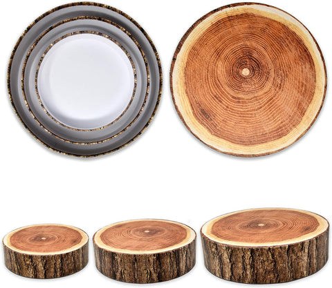 Set of 3 Wood Look Cake Stand Holder Round Cardboard Cakes Stands, 8" 10" 12" - Elegant Wedding Accents